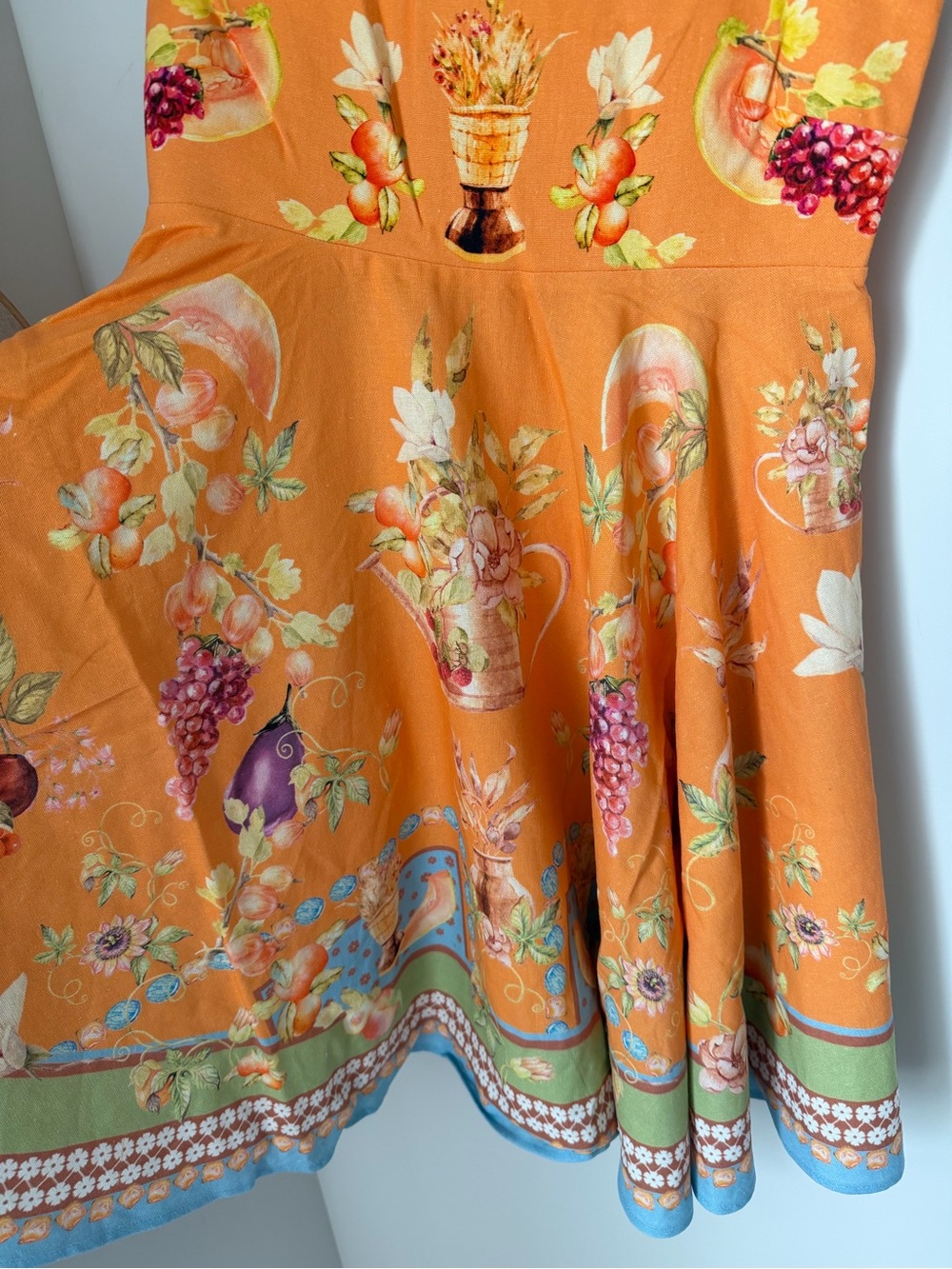 Orange Floral tropical fruit sleeveless tie strap linen blend Mini Dress - Picture 3 of 8
